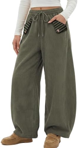 Womens Baggy Corduroy Barrel Pants with Cute Striped Patch Pockets