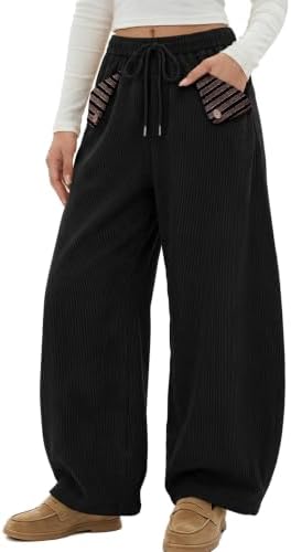 Womens Baggy Corduroy Barrel Pants with Cute Striped Patch Pockets