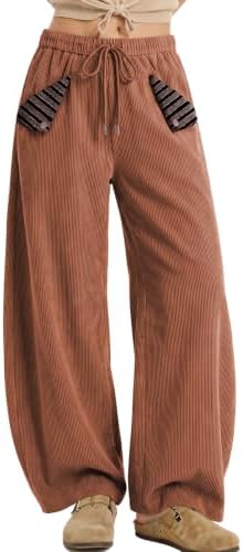 Womens Baggy Corduroy Barrel Pants with Cute Striped Patch Pockets
