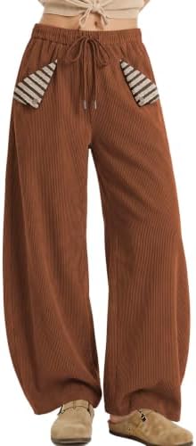 Womens Baggy Corduroy Barrel Pants with Cute Striped Patch Pockets