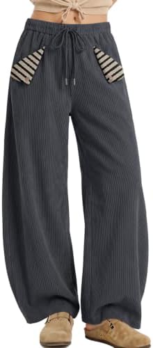 Womens Baggy Corduroy Barrel Pants with Cute Striped Patch Pockets