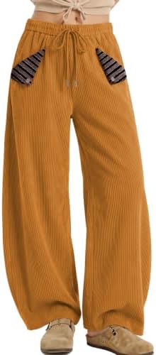 Womens Baggy Corduroy Barrel Pants with Cute Striped Patch Pockets