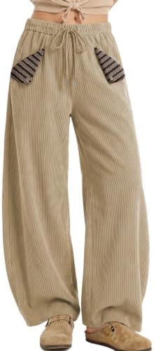 Womens Baggy Corduroy Barrel Pants with Cute Striped Patch Pockets
