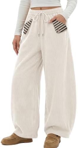 Womens Baggy Corduroy Barrel Pants with Cute Striped Patch Pockets