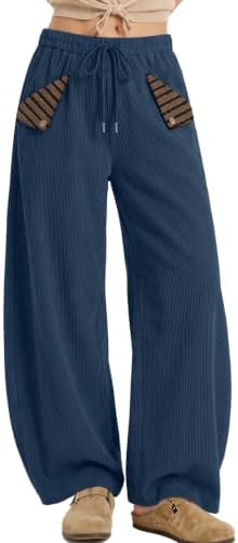 Womens Baggy Corduroy Barrel Pants with Cute Striped Patch Pockets