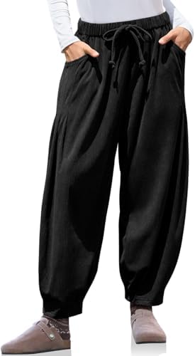 Womens Baggy Wide Leg Corduroy Pants with Pockets Black