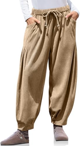 Womens Baggy Wide Leg Corduroy Pants with Pockets Camel
