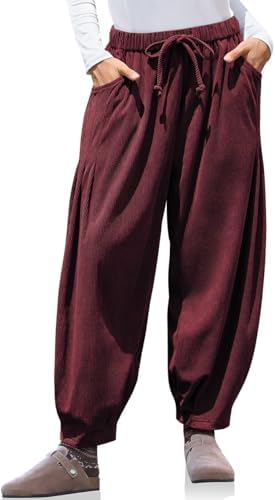 Womens Baggy Wide Leg Corduroy Pants with Pockets Jujube Red