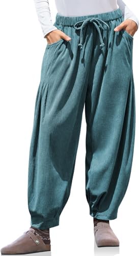 Womens Baggy Wide Leg Corduroy Pants with Pockets Lake Blue