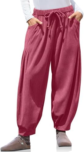 Womens Baggy Wide Leg Corduroy Pants with Pockets Magenta