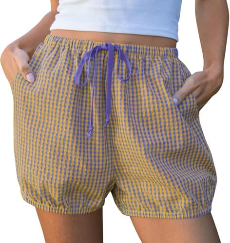 Women Balloon Gingham Shorts Casual Lounge Bottoms