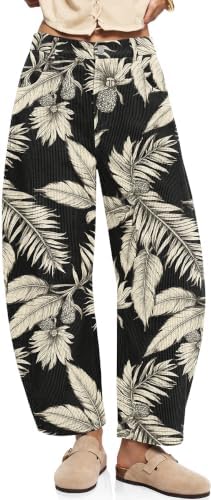 Womens Barrel Corduroy Pants Wide Leg Floral Printed Baggy Trousers