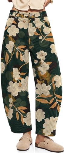 Womens Barrel Corduroy Pants Wide Leg Floral Printed Baggy Trousers