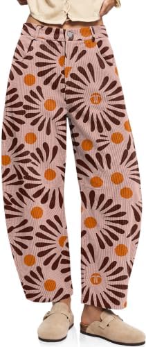 Womens Barrel Corduroy Pants Wide Leg Floral Printed Baggy Trousers