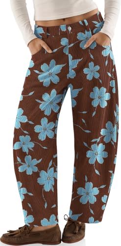 Womens Barrel Corduroy Pants Wide Leg Floral Printed Baggy Trousers