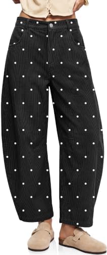 Womens Barrel Corduroy Pants Wide Leg Polka Dot Baggy Trousers