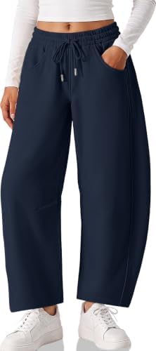 Womens Barrel Sweatpants Fleece Lined Baggy Wide Leg Sweat Pants Navy