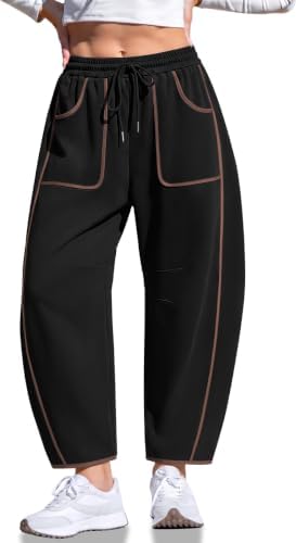 Womens Barrel Sweatpants Wide Leg Contrast Piping Loose Lounge Pants