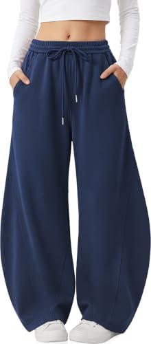 Womens Barrel Sweatpants Wide Leg Elastic Waist Lounge Pants Navy