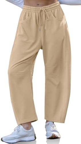 Womens Barrel Sweatpants Wide Leg Loose Casual Lounge Pants Khaki