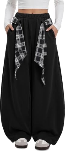 Women's Barrel Sweatpants Wide Leg Pants with Plaid Tie Black