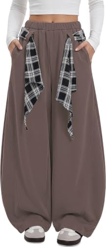 Women's Barrel Sweatpants Wide Leg Pants with Plaid Tie Coffee