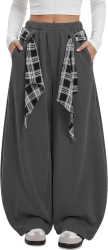 Women's Barrel Sweatpants Wide Leg Pants with Plaid Tie Dark Gray