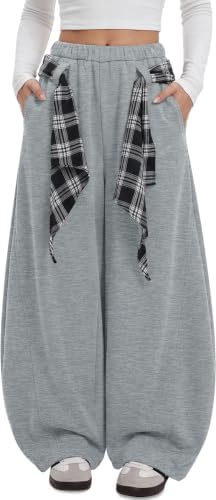 Women's Barrel Sweatpants Wide Leg Pants with Plaid Tie