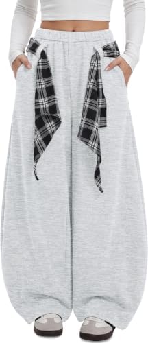 Women's Barrel Sweatpants Wide Leg Pants with Plaid Tie