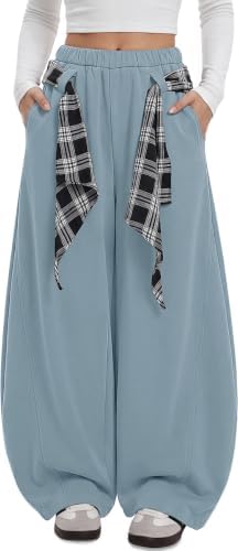 Women's Barrel Sweatpants Wide Leg Pants with Plaid Tie