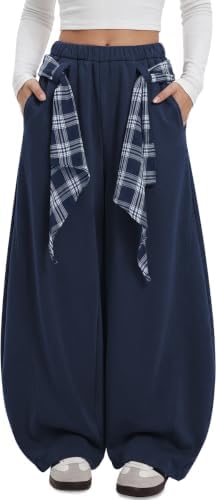 Women's Barrel Sweatpants Wide Leg Pants with Plaid Tie Navy
