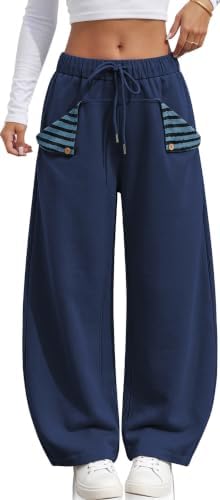 Barrel Sweatpants Women Wide Leg Plaid Pocket Baggy Lounge Pants Navy