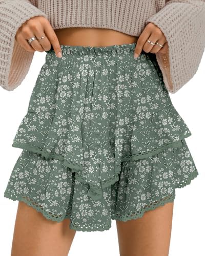 Women's Boho Ruffle Tiered Skorts Elastic High Waist Flowy Mini Skirts