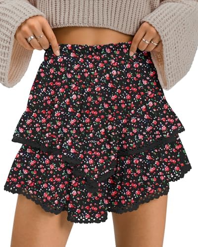 Women's Boho Ruffle Tiered Skorts Elastic High Waist Flowy Mini Skirts