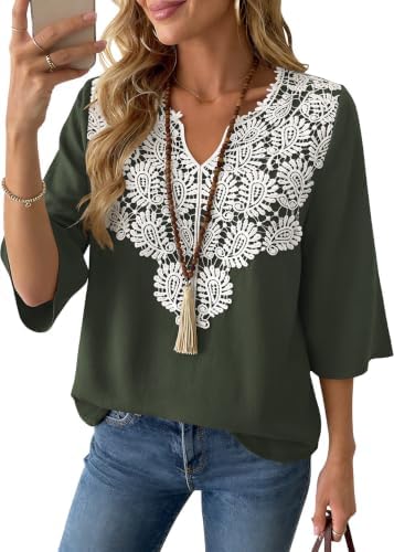 Boho Tops for Women Linen Shirts 3/4 Sleeve Casual Summer Blouses