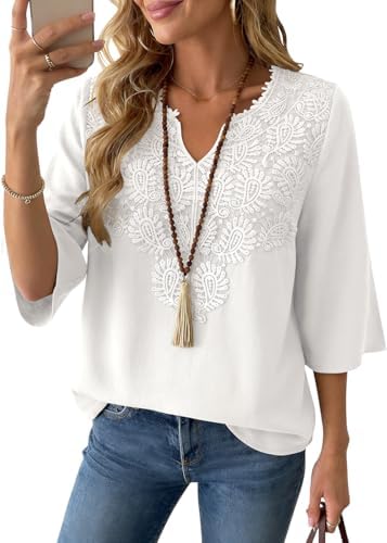 Boho Tops for Women Linen Shirts 3/4 Sleeve Casual Summer Blouses