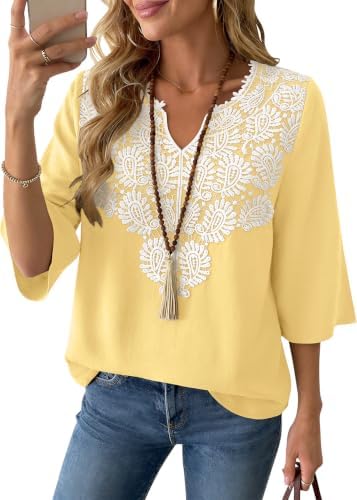 Boho Tops for Women Linen Shirts 3/4 Sleeve Casual Summer Blouses