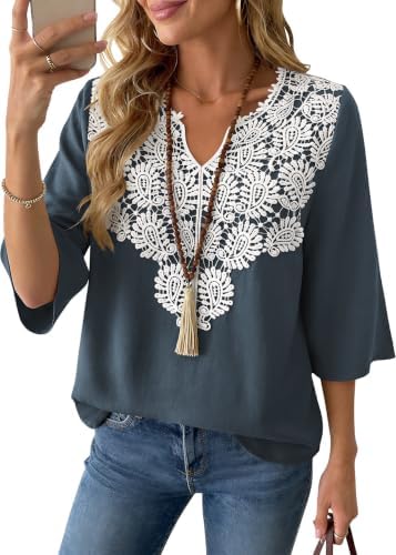 Boho Tops for Women Linen Shirts 3/4 Sleeve Casual Summer Blouses