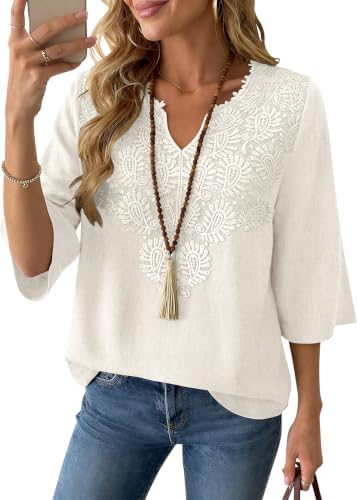 Boho Tops for Women Linen Shirts 3/4 Sleeve Casual Summer Blouses