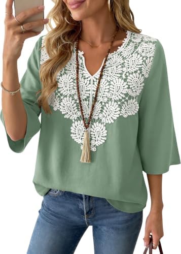 Boho Tops for Women Linen Shirts 3/4 Sleeve Casual Summer Blouses