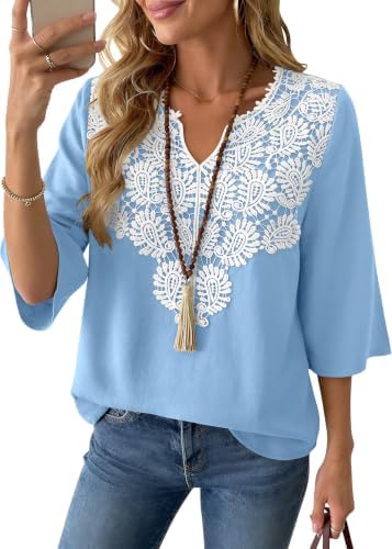 Boho Tops for Women Linen Shirts 3/4 Sleeve Casual Summer Blouses