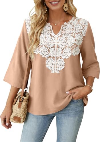 Boho Tops for Women Linen Shirts 3/4 Sleeve Casual Summer Blouses