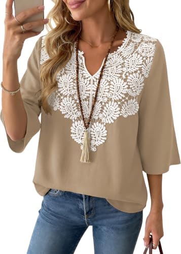 Boho Tops for Women Linen Shirts 3/4 Sleeve Casual Summer Blouses