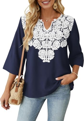 Boho Tops for Women Linen Shirts 3/4 Sleeve Casual Summer Blouses