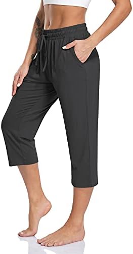 Womens Capris Yoga Workout Sweatpants Pockets Loose Drawstring Capri