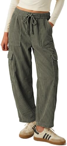 Womens Cargo Corduroy Pants Loose Baggy Fit Wide Leg Barrel Trousers