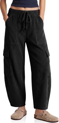 Womens Cargo Corduroy Pants Loose Baggy Fit Wide Leg Barrel Trousers