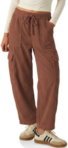 Womens Cargo Corduroy Pants Loose Baggy Fit Wide Leg Barrel Trousers