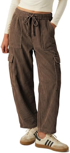 Womens Cargo Corduroy Pants Loose Baggy Fit Wide Leg Barrel Trousers