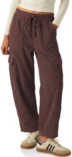 Womens Cargo Corduroy Pants Loose Baggy Fit Wide Leg Barrel Trousers